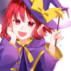 Rule 34 | 1girl, artist name, bow, cape, dress, earrings, hair between eyes, hand on own face, hands up, hat, hat bow, heart, heart in eye, highres, jewelry, jill 07km, kirisame marisa, kirisame marisa (pc-98), long sleeves, looking at viewer, open mouth, purple cape, purple dress, purple hat, purple sleeves, red eyes, red hair, short hair, simple background, smile, solo, star (symbol), symbol in eye, touhou, touhou (pc-98), white background, witch hat, yellow bow