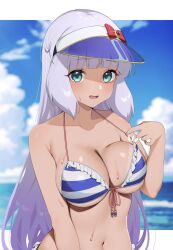 Rule 34 | 1girl, bare arms, bare shoulders, bikini, blue bikini, blue sky, blunt bangs, blurry, blurry background, blush, breasts, campbell xx, cleavage, cloud, cloudy sky, commentary request, day, frilled bikini, frills, front-tie bikini top, front-tie top, green eyes, gundam, gundam exa, halterneck, highres, large breasts, long hair, looking at viewer, navel, open mouth, purple hair, sky, solo, sthesia awar, stomach, striped bikini, striped clothes, sweat, swimsuit, tan, tanline, upper body, visor cap