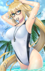 Rule 34 | 1girl, arms behind head, black-framed eyewear, blonde hair, blue eyes, blue sky, blurry, cloud, commentary request, competition swimsuit, cowboy shot, day, depth of field, fate/grand order, fate (series), glasses, highres, hinata minami, jeanne d&#039;arc (fate), jeanne d&#039;arc (ruler) (fate), jeanne d&#039;arc (swimsuit archer) (fate), jeanne d&#039;arc (swimsuit archer) (second ascension) (fate), long hair, looking at viewer, mouth hold, one-piece swimsuit, outdoors, palm tree, ponytail, rubber band, sky, smile, solo, swimsuit, tree, twintails, tying hair, water, whistle, whistle around neck, white one-piece swimsuit