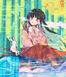 Rule 34 | 1girl, :o, abstract background, animal, bamboo, bamboo print, black hair, blouse, blunt bangs, bow, bowtie, branch, breath, bright pupils, brown eyes, bug, butterfly, cherry blossom print, colorful, crescent print, film grain, floating hair, floral print, frills, full body, hand up, head tilt, highres, holding, holding branch, houraisan kaguya, in tree, insect, itomugi-kun, japanese clothes, jeweled branch of hourai, kanoko (pattern), leaf print, light particles, long hair, long skirt, long sleeves, looking at viewer, looking to the side, looking up, moon print, parted lips, petticoat, pink shirt, rabbit, red skirt, shippou (pattern), shirt, sitting, sitting in tree, skirt, solo, touhou, tree, very long hair, white bow, white bowtie, white pupils, wide sleeves