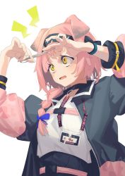 Rule 34 | 1girl, absurdres, animal ears, arknights, arms up, blue bow, bow, braid, cat ears, cat girl, coat, cutting hair, floppy ears, goldenglow (arknights), hairband, highres, holding, holding scissors, id card, infection monitor (arknights), jacket, lightning bolt print, multicolored clothes, multicolored coat, multicolored jacket, no3coral, pink coat, pink hair, pink jacket, print hairband, scissors, side braid, tearing up, two-tone coat, two-tone jacket, upper body, white background, yellow eyes