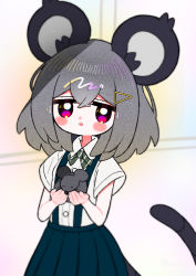 Rule 34 | 1girl, animal, animal ears, blush, bow, bowtie, buttons, collared shirt, dotaku (wran8845), green bow, green bowtie, green skirt, grey hair, grey skirt, holding, holding animal, jitome, looking at viewer, mouse (animal), mouse ears, mouse girl, mouse tail, nazrin, parted lips, pleated skirt, shirt, short hair, short sleeves, skirt, solo, suspender skirt, suspenders, tail, teeth, touhou, triangle hair ornament, uniform, upper body, upper teeth only, white background, white shirt