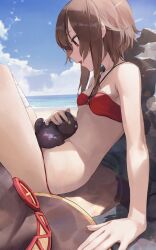 1girl absurdres bandaged_leg bandages beach bikini bingwei_huang breasts brown_hair cat chomusuke cloud day from_side hat highres kono_subarashii_sekai_ni_shukufuku_wo! megumin o-ring o-ring_bikini ocean outdoors petting red_bikini red_eyes sand small_breasts swimsuit unworn_hat unworn_headwear water witch_hat