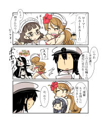 Rule 34 | 10s, :x, abyssal ship, admiral (kancolle), alternate costume, battleship princess, battleship summer princess, bikini, black hair, blonde hair, blush stickers, bow, breasts, brown eyes, brown hair, chibi, cleavage, clenched hands, closed eyes, comic, commentary request, epaulettes, flower, glasses, goma (gomasamune), hair bow, hair flower, hair ornament, hat, headdress, highres, horns, kantai collection, littorio (kancolle), long hair, low ponytail, matsuwa (kancolle), military, military hat, military uniform, open mouth, peaked cap, punching, roma (kancolle), skin-covered horns, sweatdrop, swimsuit, tearing up, translation request, uniform