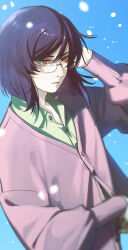 Rule 34 | 1boy, artist logo, blue background, bright pupils, cardigan, closed mouth, collared shirt, commentary request, expressionless, glasses, green shirt, gundam, gundam 00, hair between eyes, hand in own hair, long sleeves, looking ahead, male focus, medium hair, puffy long sleeves, puffy sleeves, purple cardigan, purple hair, red eyes, rimless eyewear, shirt, solo, tieria erde, upper body, ususio 11, white pupils