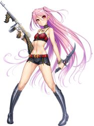 Rule 34 | 1girl, :3, alternate costume, bare legs, bare shoulders, boots, breasts, cleavage, collar, collarbone, demon girl, felicia (taimanin kurenai), female focus, fingernails, full body, highres, holding, holding knife, holding weapon, knife, lilith-soft, long hair, looking at viewer, micro shorts, navel, official alternate costume, pantyhose, pink hair, pointy ears, red eyes, shiny skin, short shorts, shorts, small breasts, smile, standing, taimanin (series), taimanin kurenai, taimanin rpgx, thighs, transparent background, two side up, very long hair, weapon, wide hips, zol