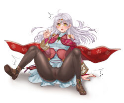 Rule 34 | 1girl, absurdres, bare shoulders, blush, bridal gauntlets, cape, censored, circlet, commission, detached sleeves, dress, embarrassed, fire emblem, fire emblem: radiant dawn, half updo, hazuki (nyorosuke), highres, jewelry, long hair, long sleeves, micaiah (fire emblem), micaiah (queen of dawn) (fire emblem), mosaic censoring, nintendo, open mouth, pussy, see-through, see-through legwear, skeb commission, solo, spread legs, upskirt, white hair, yellow eyes