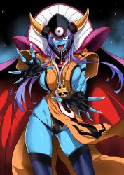 Rule 34 | 1girl, absurdres, black gloves, black panties, blue skin, breasts, cape, colored skin, commentary request, dragon quest, dragon quest iii, fake horns, fangs, fingerless gloves, fingernails, genderswap, genderswap (mtf), gloves, halcon, helmet, highres, horned helmet, horns, huge breasts, long fingernails, long hair, necklace, open mouth, outstretched arms, panties, purple hair, red cape, red eyes, sharp fingernails, sideboob, skull necklace, solo, tabard, thong, underwear, zoma