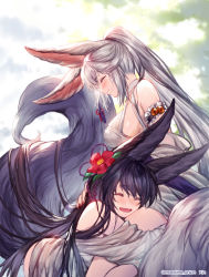 Rule 34 | 2girls, animal ears, bare shoulders, bell, black hair, blush, breasts, choker, closed eyes, day, detached sleeves, erune, fangs, fox ears, fox tail, fur trim, granblue fantasy, hair bell, hair ornament, highres, hug, jingle bell, large breasts, long hair, medium breasts, multiple girls, nail polish, obiwan, open mouth, outdoors, red nails, sidelocks, silver hair, smile, societte (granblue fantasy), tail, twitter username, very long hair, yuel (granblue fantasy)