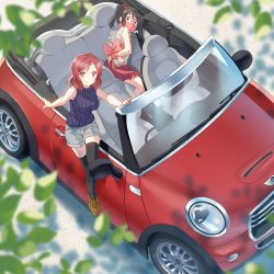 Rule 34 | 10s, 2girls, arms behind back, bare shoulders, bdsm, black eyes, black hair, bondage, bound, car, cloth gag, convertible, from above, gag, gagged, hair ribbon, highres, improvised gag, looking at viewer, love live!, love live! school idol project, mini cooper, motor vehicle, multiple girls, nishikino maki, over the mouth gag, purple eyes, red hair, restrained, ribbed sweater, ribbon, right-hand drive, scared, shorts, sleeveless, sleeveless turtleneck, sweater, thighhighs, tomiwo, turtleneck, twintails, vehicle, vehicle focus, wide-eyed, yazawa nico