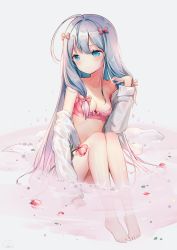 Rule 34 | 10s, 1girl, ahoge, bad id, bad twitter id, barefoot, blue eyes, blush, bow, bow bra, bra, breasts, cleavage, eromanga sensei, flower, food, fruit, hair bow, highres, izumi sagiri, long hair, looking away, partially submerged, pink bra, silver hair, small breasts, snow is, snow is , solo, strawberry, underwear