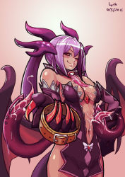 Rule 34 | 10s, 1girl, 2015, animal hands, blush, breasts, claws, collar, cowboy shot, dated, demon girl, demon horns, demon tail, demon wings, detached collar, dragon girl, dragon horns, dragon tail, dragon wings, extra mouth, extra tongue, horns, jabberwock (monster girl encyclopedia), large breasts, long hair, lutherniel, monster girl, monster girl encyclopedia, navel, one eye closed, pelvic curtain, purple hair, red eyes, saliva, saliva trail, slit pupils, solo, suggestive fluid, tail, tongue, tongue out, wings