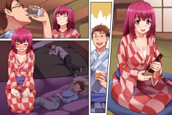 Rule 34 | 1girl, 2boys, alcohol, bed, blush, bottle, breasts, brown eyes, brown hair, cleavage, closed eyes, closed mouth, cup, drinking, drinking glass, floor, futon, glasses, half-closed eyes, hands on own thighs, happy, holding, hoshizora ikuyo, husband and wife, indoors, japanese clothes, jewelry, kneeling, large breasts, looking at viewer, lying, mature female, multiple boys, obi, open mouth, pillow, pink hair, precure, purple eyes, ring, sake, sake bottle, sash, seiza, sequential, short hair, shrine (artist), sitting, smile, smile precure!, tatami, wariza, wedding ring, wide sleeves
