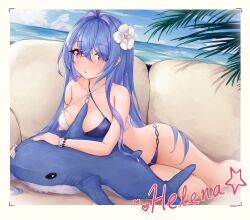 Rule 34 | 1girl, :o, absurdres, alternate breast size, azur lane, beach, between breasts, bikini, blue hair, blue nails, blush, breasts, character name, day, flower, groin, hair between eyes, hair flower, hair ornament, helena (azur lane), helena (shimmering triangle wave) (azur lane), highres, hip focus, inflatable shark, inflatable toy, kyl490, large breasts, leaning on object, long hair, looking at viewer, lying, medium breasts, nail polish, ocean, on side, on stomach, open mouth, outdoors, palm tree, purple eyes, signature, solo, staring, swimsuit, thighs, tree, two-tone bikini, very long hair, wet, wet bikini, wet clothes, wet hair, wet swimsuit, white flower