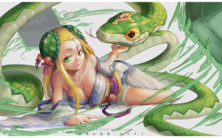 Rule 34 | 1girl, artist name, bare shoulders, blonde hair, breasts, chelonia, cleavage, green eyes, hair ornament, highres, japanese clothes, long hair, looking at viewer, lying, meimei (p&amp;d), on side, puzzle &amp; dragons, snake, solo, turtle shell