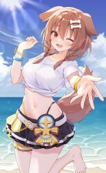 Rule 34 | 1girl, alternate costume, animal ears, barefoot, beach, belt, bikini, bikini under clothes, black skirt, blue sky, blush, bone hair ornament, bracelet, braid, breasts, brown hair, cloud, cloudy sky, commentary, day, dog ears, dog girl, dog tail, fang, foot out of frame, hair between eyes, hair ornament, highleg, highleg bikini, highres, hololive, hololive summer 2023 swimsuit, inugami korone, jewelry, lens flare, looking at viewer, low twin braids, medium breasts, medium hair, minazuki mizu, miniskirt, navel, ocean, one eye closed, open mouth, outdoors, outstretched hand, reaching, reaching towards viewer, red eyes, ribbon, shirt, short sleeves, skirt, sky, smile, solo, standing, standing on one leg, stomach, striped ribbon, sun, sunlight, swimsuit, t-shirt, tail, thigh strap, tied shirt, twin braids, virtual youtuber, white belt, white shirt, wristband, yellow ribbon