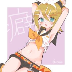 Rule 34 | 1girl, aqua eyes, armpits, arms up, bare shoulders, belt buckle, black leg warmers, black shorts, black sleeves, blonde hair, bow, breasts, buckle, detached sleeves, hair bow, hair ornament, hairclip, headphones, headset, highres, kagamine rin, leg warmers, light blush, looking at viewer, midriff, navel, neckerchief, nnc225, open mouth, sailor collar, shirt, shirt rolled up, shorts, sideboob, skinny, sleeveless, sleeveless shirt, small breasts, solo, sweatdrop, treble clef, twitter username, vocaloid, white bow, yellow neckerchief