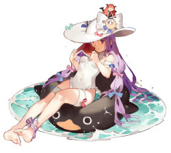 Rule 34 | 1girl, alternate costume, ankle ribbon, arm strap, bare shoulders, barefoot, blush, book, bow, breasts, casual one-piece swimsuit, character doll, covered navel, frilled swimsuit, frills, full body, hair bow, hat, hat bow, innertube, koakuma, leg ribbon, long hair, one-piece swimsuit, patchouli knowledge, purple eyes, purple hair, ribbon, small breasts, solo, starshadowmagician, sun hat, swim ring, swimsuit, thigh strap, touhou, very long hair, water, white background, white one-piece swimsuit