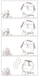 Rule 34 | 1boy, 1girl, 4koma, absurdres, doodle sensei (blue archive), bag of chips, blanchat, blue archive, chips (food), comic, commentary request, food, greyscale, hat, highres, iroha (blue archive), monochrome, peaked cap, potato chips, sensei (blue archive), simple background, sketch, speech bubble, translation request