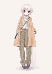 Rule 34 | 1girl, alternate costume, alternate hair color, bag, brown coat, brown eyes, clothes writing, coat, commentary request, dated, full body, grey background, grey footwear, grey pants, highres, looking at viewer, nagato yuki, nanabuluku, open clothes, open coat, pants, parted lips, pigeon-toed, shirt, shoes, short hair, shoulder bag, signature, simple background, sleeves past wrists, solo, standing, suzumiya haruhi no yuuutsu, white hair, white shirt