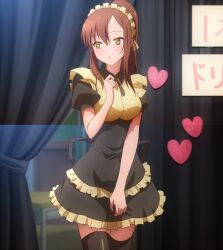 Rule 34 | 1girl, aoyama nanami, black dress, black thighhighs, blush, breasts, brown eyes, brown hair, cowboy shot, curtains, dress, embarrassed, frills, heart, highres, indoors, layered dress, looking to the side, maid, maid headdress, parted lips, ponytail, sakura-sou no pet na kanojo, screencap, short hair, sidelocks, solo, standing, stitched, thighhighs, third-party edit, zettai ryouiki