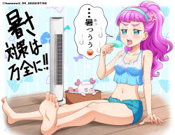 Rule 34 | 1girl, alternate hairstyle, anger vein, angry, barefoot, blue eyes, blue hairband, blue shorts, blue tank top, blunt bangs, breasts, commentary request, dated, electric fan, food, frown, hair up, hairband, half-closed eyes, hanzou, highres, holding, holding food, indoors, kururun (precure), laura la mer, long hair, medium breasts, midriff, navel, on floor, open mouth, partial commentary, pink hair, ponytail, popsicle, precure, short shorts, shorts, sitting, solo, sweat, tank top, translated, tropical-rouge! precure, twitter username, wooden floor