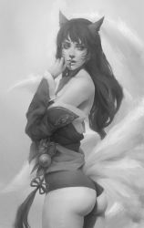 Rule 34 | 1girl, ahri (league of legends), animal ears, ass, bare shoulders, biting, breasts, collarbone, cowboy shot, crossed arms, detached sleeves, dress, finger biting, finger in own mouth, finger to mouth, fingernails, food, fox ears, fox tail, from side, greyscale, hair ornament, hair tie, hand up, highres, korean clothes, league of legends, legs together, lips, long hair, long sleeves, looking back, low-tied long hair, md5 mismatch, medium breasts, monochrome, mouth hold, multiple tails, nose, open mouth, realistic, sash, smile, solo, strapless, strapless dress, tail, tassel, teeth, tim liu