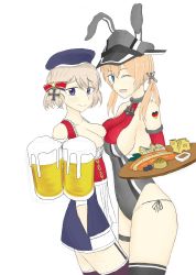 Rule 34 | 2girls, absurdres, alcohol, azur lane, beer, blonde hair, breasts, cheese, cleavage, food, highres, kantai collection, large breasts, leotard, medium breasts, multiple girls, prinz eugen (kancolle), z23 (azur lane)