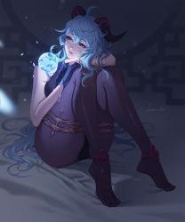 Rule 34 | 1girl, artist name, bed, bed sheet, blue eyes, blue hair, citemer, compression shirt, dark, ganyu (genshin impact), genshin impact, gloves, glowing, hand on own knee, highres, horns, knees together feet apart, legband, leggings, long hair, looking to the side, orb, signature, sitting, sleeveless, solo, sparkle