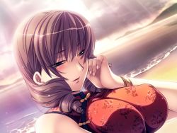 Rule 34 | 1girl, ane summer 2, bare shoulders, beach, blue eyes, blush, bracelet, breasts, brown hair, china dress, chinese clothes, cloud, dress, drill hair, embarrassed, covered erect nipples, fujisaka kuuki, game cg, jewelry, large breasts, long hair, ocean, outdoors, sand, sky, solo, sunlight, water