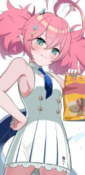 Rule 34 | 1girl, absurdres, ahoge, bag of chips, blue archive, blush, breasts, closed mouth, cowboy shot, dress, food, green eyes, hair between eyes, highres, holding, holding food, long hair, momoka (blue archive), pink hair, pointy ears, rindou ringdong, simple background, small breasts, solo, tail, twintails, white background, white dress