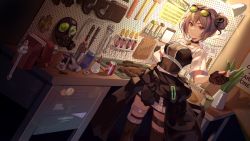Rule 34 | 1girl, brass knuckles, bullpup, can, drink can, gas mask, girls&#039; frontline, gun, hammer, highres, mask, niac, p90, p90 (girls&#039; frontline), plant, scenery, screwdriver, soda can, submachine gun, table, weapon