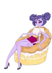 Rule 34 | 1girl, breasts, cake, colored skin, extra arms, extra eyes, fangs, food, high heels, highres, arthropod girl, muffet, purple skin, sitting, skirt, solo, spider girl, twintails, undertale, underwear