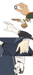 Rule 34 | 4boys, belt, bird, briefcase, chain, clenched hand, close-up, eagle, formal, gon freecss, hand focus, highres, holding, holding briefcase, holding jewelry, holding ring, hunter x hunter, jewelry, killua zoldyck, kurapika, leorio paladiknight, male focus, multiple boys, open hand, outstretched arm, pale skin, ring, suit, t l r