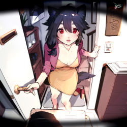 Rule 34 | 1girl, animal ears, black hair, blurry, blush, bracelet, breasts, cat ears, cleavage, collarbone, commentary request, dated, depth of field, door, door handle, dress, ejami, ekko (ejami), fox ears, fox girl, fox tail, hair between eyes, holding, jacket, jewelry, large breasts, long hair, looking at viewer, mature female, necklace, open mouth, orange dress, original, package, pink jacket, red eyes, red footwear, shoes, signature, simple background, slippers, solo focus, standing, tail, translation request, white background