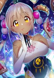 Rule 34 | 1girl, artist name, binishu, bread, bread slice, breasts, croissant, dark-skinned female, dark skin, dated, doughnut, elbow gloves, food, food on face, gloves, highres, hololive, hololive english, jam, large breasts, solo, toast, tsukumo sana, twintails, virtual youtuber, yellow eyes