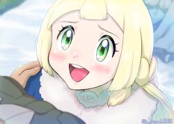 Rule 34 | 1girl, blonde hair, blue coat, blunt bangs, blush, coat, creatures (company), crying, crying with eyes open, derivative work, eyelashes, game freak, green eyes, h renah, happy, lillie (pokemon), long hair, looking up, nintendo, open mouth, pokemon, pokemon (anime), pokemon journeys, pokemon swsh111, screenshot redraw, smile, snow, tears, teeth, upper teeth only, winter clothes, winter coat