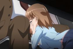 Rule 34 | 10s, 1girl, adjusting hair, age difference, animated, animated gif, belt, breasts, brown eyes, brown hair, censored, chair, fellatio, hanging breasts, jk to inkou kyoushi 4, kneeling, medium breasts, oral, short hair, shorts, sitting, stealth, stealth sex, table, under table, wakou satsuki
