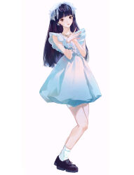 Rule 34 | 1girl, animification, black eyes, black footwear, black hair, blue dress, dress, earpiece, head tilt, highres, illit, jewelry, k-pop, looking at viewer, matsunaga777, moka (illit), necklace, parted lips, real life, shoes, simple background, solo, white background