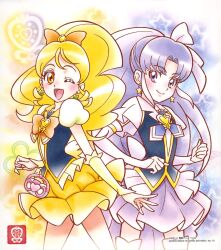 Rule 34 | ;d, blonde hair, bow, bowtie, cure fortune, cure honey, earrings, elbow gloves, four-leaf clover earrings, gloves, happinesscharge precure!, high ponytail, highres, hikawa iona, jewelry, long hair, magical girl, official art, one eye closed, oomori yuuko, open mouth, parted bangs, pouch, precure, purple hair, purple skirt, skirt, smile, star (symbol), star earrings, third-party source, white gloves, yellow eyes, yellow skirt