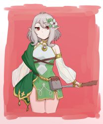 Rule 34 | 1girl, absurdres, bare shoulders, cowboy shot, cropped legs, detached sleeves, flower, grey flower, grey hair, hair flower, hair ornament, highres, holding, holding knife, knife, kokkoro (princess connect!), leaf, long sleeves, medium hair, pointy ears, princess connect!, red eyes, rusellunt, solo
