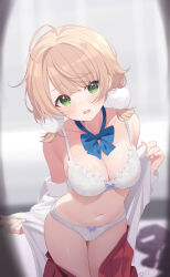 Rule 34 | 1girl, artist name, bare shoulders, blonde hair, blue bow, blue bowtie, blurry, blurry background, blush, bow, bowtie, bra, breasts, cleavage, commentary, deyui, embarrassed, fanbox logo, green eyes, hair ornament, highres, indie virtual youtuber, looking at viewer, low twintails, medium breasts, navel, off shoulder, open clothes, open mouth, open shirt, panties, patreon logo, pom pom (clothes), pom pom hair ornament, red skirt, shigure ui (vtuber), short hair, short twintails, skirt, solo, stomach, symbol-only commentary, twintails, underwear, undressing, unworn skirt, virtual youtuber, white bra, white panties