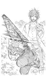 Rule 34 | 2boys, asta (black clover), black clover, fanzell kruger, highres, holding, holding sword, holding weapon, male focus, monochrome, multiple boys, official art, sketch, sword, tabata yuuki, weapon