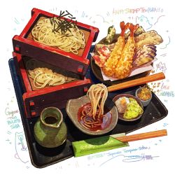 Rule 34 | bottle, chopsticks, english text, food, food focus, highres, momiji mao, noodles, original, plate, sesame seeds, shrimp, shrimp tempura, soba, sparkle, still life, tempura, tray, tsuyu sauce, white background