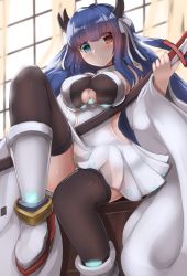 Rule 34 | 1girl, azur lane, bare shoulders, black thighhighs, blue eyes, blue hair, boots, breasts, cleavage cutout, clothing cutout, detached sleeves, dress, heterochromia, highres, holding, holding sword, holding weapon, ibuki (azur lane), large breasts, long sleeves, looking at viewer, lying, on back, panties, pantyshot, pleated dress, red eyes, redundant-cat, sheath, sheathed, smile, solo, sword, thighhighs, underwear, weapon, white dress, white footwear, wide sleeves