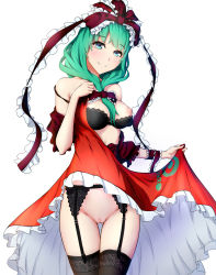 Rule 34 | 1girl, bad proportions, black bra, black thighhighs, blue eyes, bow, bra, breasts, cleft of venus, clothes lift, dress, dress lift, garter belt, green hair, groin, hair bow, hair ornament, hair ribbon, highres, kagiyama hina, long hair, looking at viewer, medium breasts, nipples, no panties, nyogorajima, one breast out, open clothes, puffy short sleeves, puffy sleeves, pussy, red bow, ribbon, short sleeves, smile, solo, strap slip, thigh gap, thighhighs, touhou, uncensored, underwear, undressing