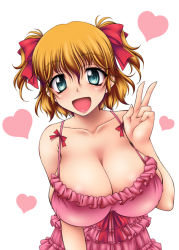 Rule 34 | 1girl, :d, aqua eyes, areola slip, arm up, babydoll, blonde hair, blush, bow, breasts, cleavage, collarbone, frills, gathers, hair bow, happy, heart, huge breasts, onizuka takuto, open mouth, original, short twintails, sideboob, simple background, smile, solo, strap gap, twintails, v