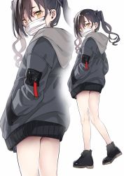 Rule 34 | 1girl, bare legs, black footwear, black hair, black jacket, commentary request, full body, hair between eyes, hand in pocket, head tilt, highres, hood, hood down, hooded jacket, idolmaster, idolmaster cinderella girls, jacket, kneepits, kuroda bb, long hair, long sleeves, looking at viewer, looking back, mask, mole, mole under eye, mouth mask, shoes, sidelocks, simple background, solo, sunazuka akira, surgical mask, thighs, twintails, wavy hair, white background, yellow eyes, zoom layer