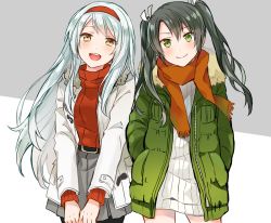 Rule 34 | 2girls, anbutter siruko, belt, black legwear, blush, breasts, casual, closed mouth, commentary request, dress, fur trim, green eyes, grey hair, hair between eyes, hair ribbon, hairband, headband, jacket, kantai collection, long hair, looking at viewer, medium breasts, multiple girls, open mouth, ribbon, scarf, shoukaku (kancolle), simple background, skirt, smile, standing, sweater, sweater dress, twintails, white hair, white ribbon, yellow eyes, zuikaku (kancolle)