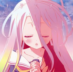 Rule 34 | 1girl, album cover, blush, collarbone, cover, day, closed eyes, highres, multicolored hair, no game no life, off shoulder, official art, open mouth, outdoors, own hands together, shiro (no game no life), silver hair, solo, upper body